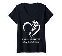 Donna Farfalla Cuore I Am A Fighter Polmone Cancro Awareness Donne Maglietta con Collo a V