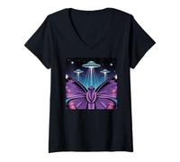 Donna Farfalla Decor Farfalla Party Alien UFO Viola Farfalla Maglietta con Collo a V