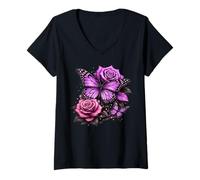 Donna Farfalla Viola vibr Maglietta con Collo a V