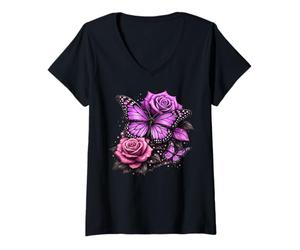 Donna Farfalla Viola vibr Maglietta con Collo a V
