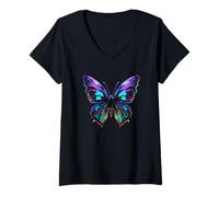 Donna Farfalle graziose e Colorate Maglietta con Collo a V