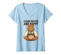 Donna Farina Dusted And Happy Baking Quote Bread Baker Bear Pastry Maglietta con Collo a V