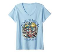 Donna Faro di Fenwick Island Delaware Octopus 1953 Lettere Blu Maglietta con Collo a V