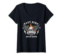 Donna Fast Ride Road Rider Born To Be Free Eagle Biker Maglietta con Collo a V
