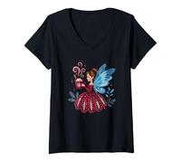 Donna Fata Invernale Fantasia con Vestito Rosso e Ali Blu Maglietta con Collo a V