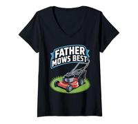 Donna Father Mows Best Lawn Mower Tractor Yard Taglio Umorismo divertente Maglietta con Collo a V