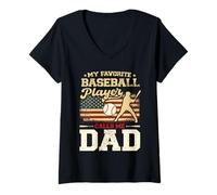 Donna Fathers Day My Favorite Baseball Player Calls Me Dad Bandiera degli Stati Uniti Maglietta con Collo a V