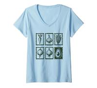 Donna Fattoria Veggie Stamp Design Retro Cibo Locale Estetica Maglietta con Collo a V
