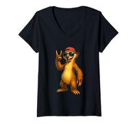 Donna Faultier Rocking Cap Sunglasses Fun Rock Concert Music Lover Maglietta con Collo a V