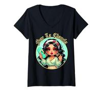 Donna Fear La Chancla Spanish Curvy Chibi Mom Chanclazo Fregona Maglietta con Collo a V