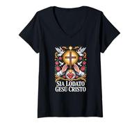 Donna Fede Cristiana Sia Lodato Gesù Cristo Croce Sacro Cuore Maglietta con Collo a V