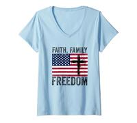 Donna Fede Famiglia libertà Bandiera Americana patriota USA Christian Maglietta con Collo a V