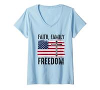 Donna Fede Famiglia libertà Bandiera Americana patriota USA Christian Maglietta con Collo a V