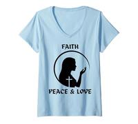 Donna Fede Pace Amore Silhouette per la Chiesa di Pasqua Maglietta con Collo a V