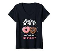 Donna Feed Me Donuts Valentine Cute Heart Donut Funny Love Quote Maglietta con Collo a V