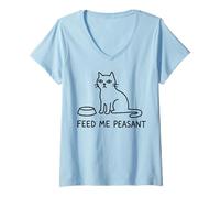 Donna Feed Me Peasant Gatto Divertente Linea Minimal Maglietta con Collo a V