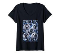 Donna Feelin' Seal Ly Seals Bootleg Divertente Maglietta con Collo a V