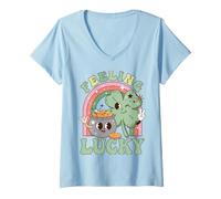 Donna Feeling Lucky Four Leaf Clover Irish Luck Humor Maglietta con Collo a V
