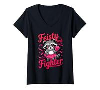 Donna Feisty And Fighter Breast Cancer Awareness Boxing Raccoon Maglietta con Collo a V