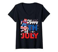 Donna Felice 4 luglio Patriottico Bandiera Americana Indipendenza Giorno Maglietta con Collo a V