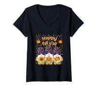 Donna Felice Autunno Y'All Autunno Foglie Halloween Strega Gnomi Maglietta con Collo a V