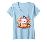 Donna Felice Buddha Yoga Namaste con tè e Fiori Maglietta con Collo a V
