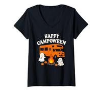 Donna Felice Campoween Campoween Zucca Halloween Ghost Campfire Maglietta con Collo a V