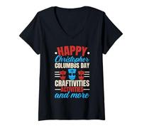 Donna Felice Columbus Day USA Navigator Nave Cristoforo Colombo Maglietta con Collo a V