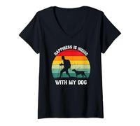 Donna Felice di Fare Trekking con Il Mio Cane Maglietta con Collo a V