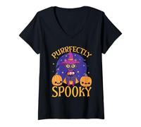 Donna Felice Halloween Cat Proprietario Spettrale Kitty Trucco O Scherzetto Maglietta con Collo a V