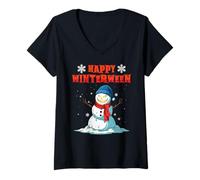 Donna Felice Inverno Halloween Natale Spettrale Pupazzo di Neve Maglietta con Collo a V