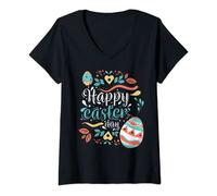 Donna Felice Pasqua t-shirt Happy Easter divertente Pasqua Maglietta con Collo a V