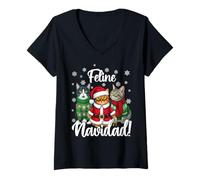 Donna Feline Navidad Funny Cat Merry Christmas Brutto Natale Maglietta con Collo a V