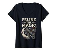 Donna Feline The Magic Witchy Halloween Occulto Goth Design Maglietta con Collo a V