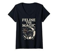 Donna Feline The Magic Witchy Halloween Occulto Goth Design Maglietta con Collo a V