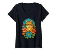 Donna Felino fiore mosaico arte carino geometrico gatto floreale Maglietta con Collo a V