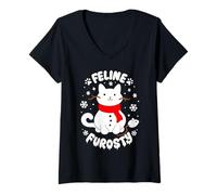 Donna Felino Frosty Divertente Carino Gatto Pupazzo di Neve Natale Vacanze Amante Maglietta con Collo a V