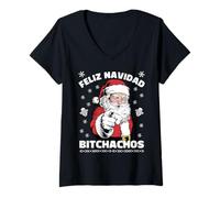Donna Feliz Navidad Bitchachos Buon Natale Divertente Babbo Natale Maglietta con Collo a V
