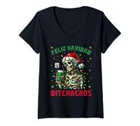 Donna Feliz Navidad Bitchachos - Luci Natalizie Maglietta con Collo a V