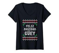 Donna Feliz Navidad Guey, Brutto Maglione Divertente Messicano Natale Maglietta con Collo a V