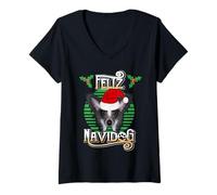 Donna Feliz Navidog Cappello di Babbo Natale Cinese con Cresta Maglietta con Collo a V