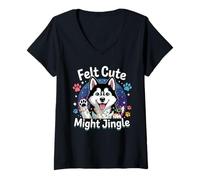 Donna Feltro Carino Might Jingle Festive Christmas Dog Husky Xmas Maglietta con Collo a V
