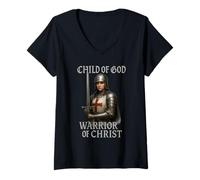 Donna Female Knight: Guerriero di Cristo - Regno di Gerusalemme Maglietta con Collo a V