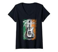 Donna Fender St. Patrick's Day Electric Guitar Irish Flag Backdrop Maglietta con Collo a V