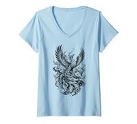Donna Fenice Tradizionale Giapponese Houou in Stile Irezumi Maglietta con Collo a V
