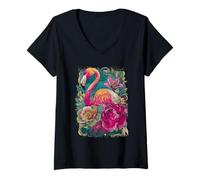 Donna Fenicottero Rosa con Fiori Tropicali Stile Art Nouveau Maglietta con Collo a V