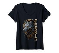 Donna Fenrir Lupo Norreno Cerchio Runico Ragnarok Arte Vichinga Maglietta con Collo a V