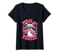 Donna Feral And Fighter Breast Cancer Awareness Boxing Raccoon Maglietta con Collo a V