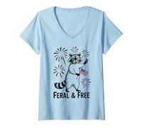 Donna Feral And Free Procione Patriottico Peace Fourth Luglio USA Maglietta con Collo a V