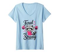 Donna Feral And Strong Breast Cancer Awareness Gym Raccoon Maglietta con Collo a V